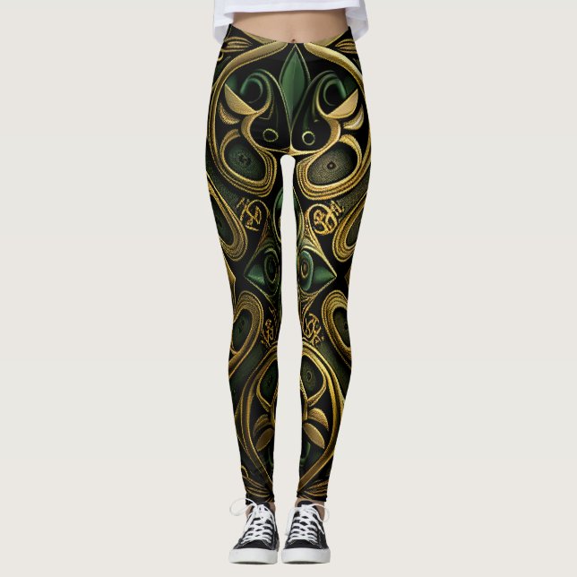 Grönt Bronze Ornamental Play Dekoration Mönster Leggings (Framsida)