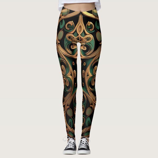 Grönt Bronze Ornamental Play Mönster Dekoration Leggings (Framsida)