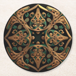 Grönt Bronze Ornamental Play Mönster Dekoration Underlägg Papper Rund