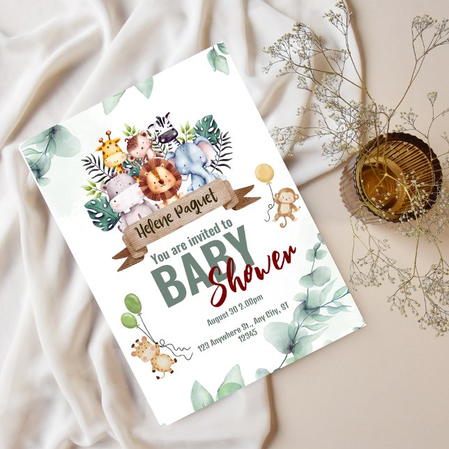 Grönt Brown Aesthetic Safari Animals Baby Shower Inbjudningar (Skapare uppladdad)