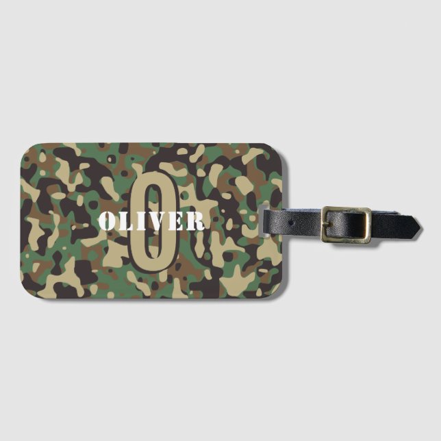 Grönt Brown Beige Camo Camouflage Monogram Namn Bagagebricka (Framsida horisontal)
