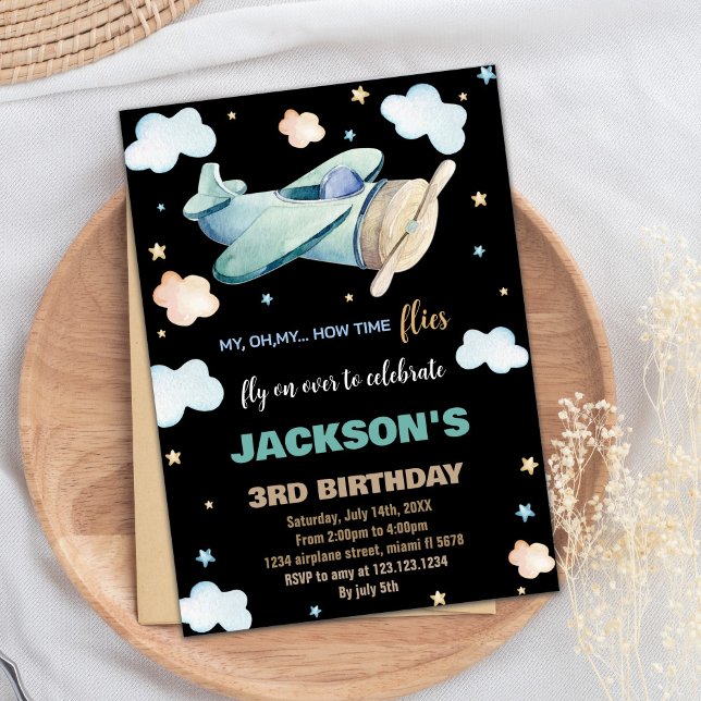 Grönt Brown Black BK för inbjudningar till flygpla (Airplane Birthday Invitations Green Brown Black BK)