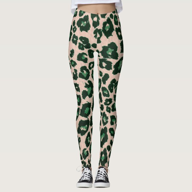 Grönt Brown Black Leopard Animal Print Leggings (Framsida)