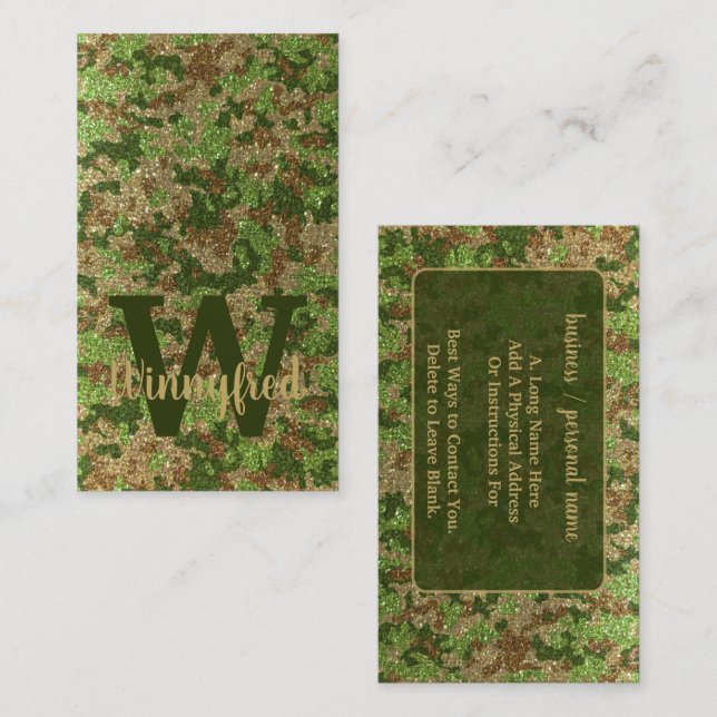 Grönt Brown Camouflage Glitter Camo Monogram Namn Visitkort (Fram/baksida)