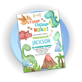 Grönt Brown Dinosaur Birthday-inbjudningar Inbjudningar