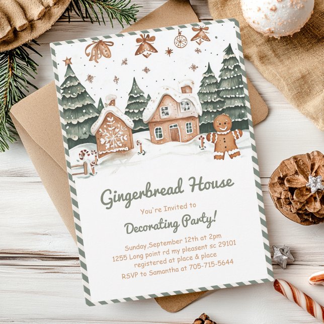 Grönt & Brown Gingerbröd House Decororation Party Inbjudningar (Skapare uppladdad)