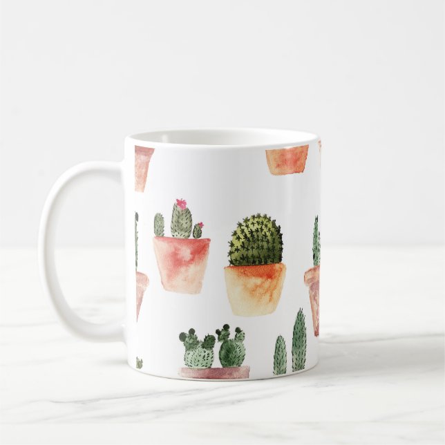 Grönt Brown Poted Cactus Mönster Kaffemugg (Vänster)