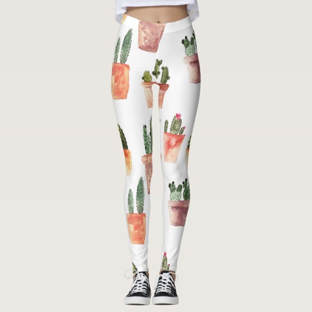 Grönt Brown Poted Cactus Mönster Leggings (Framsida)