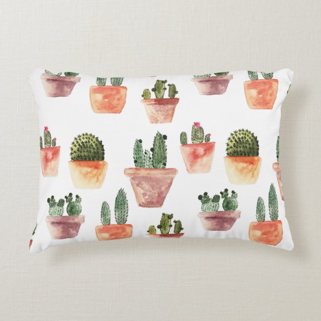 Grönt Brown Poted Cactus Mönster Prydnadskudde (Framsidan)