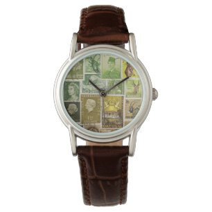 Grönt Brown Watch, Postage Frimärke Collage Art Armbandsur