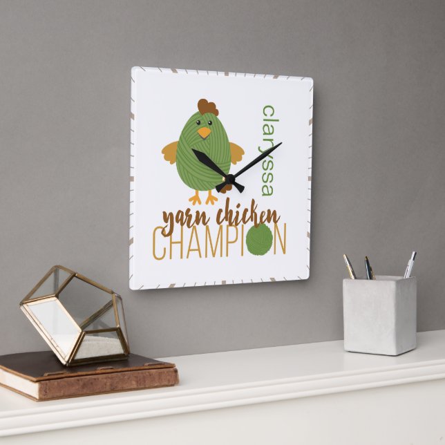 Grönt & Brown Yarn Chicken Champion Fyrkantig Klocka (Kontor)