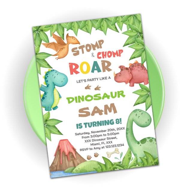 Grönt & Brun dinosaurer, inbjudan till födelsedag (Skapare uppladdad)