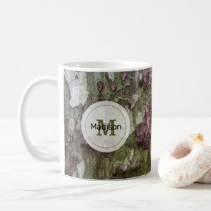 Grönt brun grått-kamouflage-träbark Monogram Kaffemugg