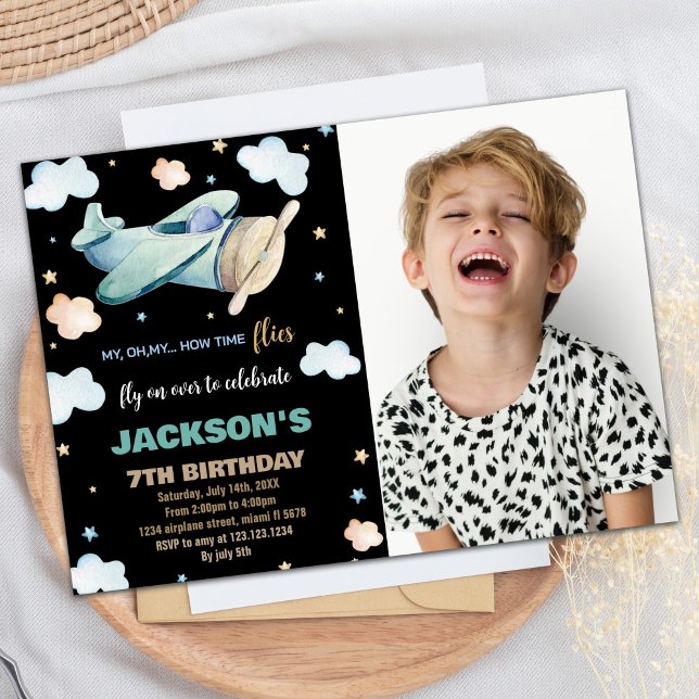 Grönt Brun med foto Inbjudningar (Airplane Birthday Invitations Green Brown w Photo)