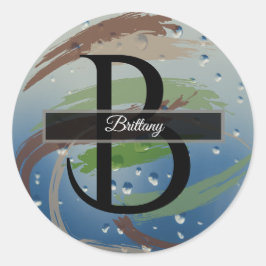 Grönt, Brunt och Beige Penseldrag Monogram Runt Klistermärke