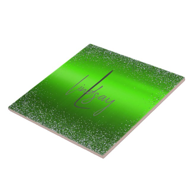 Grönt Brushed Metall Glitter Monogram Simple | Kakelplatta (Sidan)