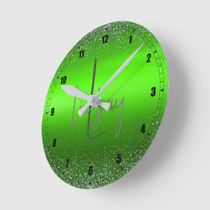 Grönt Brushed Metall Glitter Monogram Simple Rund Klocka