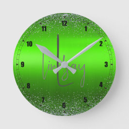 Grönt Brushed Metall Glitter Monogram Simple | Rund Klocka
