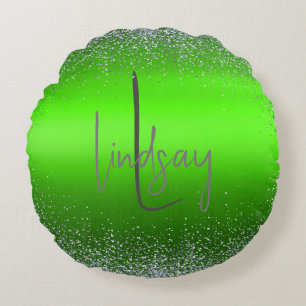 Grönt Brushed Metall Glitter Monogram Simple   Rund Kudde