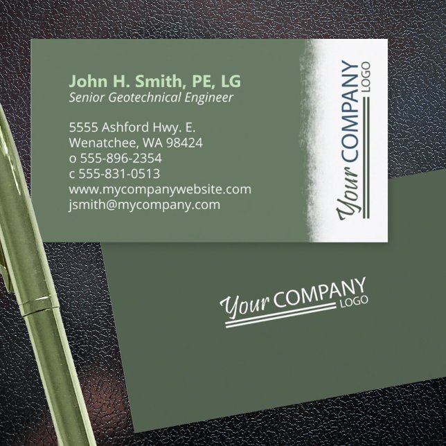 Grönt, brushvit med Lodrät Logotyp Visitkort (olive green, sage green business card with vertical logo)