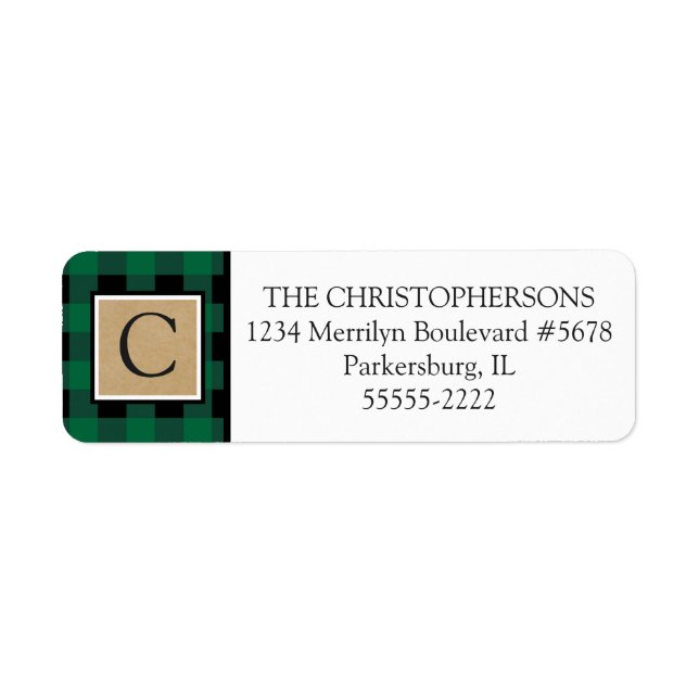 Grönt Buffalo Check Play och Kraft Papper Monogram Returadress Etikett (Framsidan)