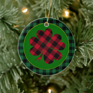 Grönt buffalo plaid Shamrock, Lucky Klöver Charm Julgransprydnad Keramik