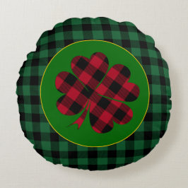Grönt buffalo plaid Shamrock, Lucky Klöver Charm Rund Kudde