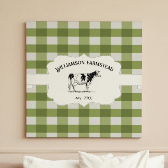 Grönt Buffalo Play Farm Cow Kanvastryck (Green Buffalo Plaid Farm Cow Canvas Print)