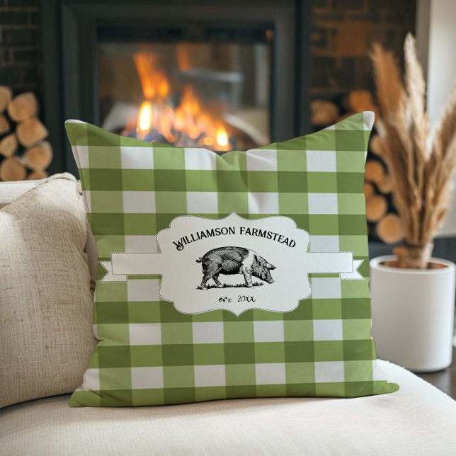 Grönt Buffalo Play Farm Gris Dekorativ kudde (Green Buffalo Plaid Farm Pig Throw Pillow)