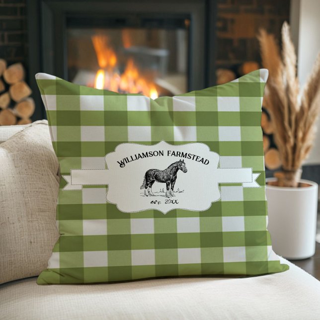 Grönt Buffalo Play Farm Horse Kudde (Green Buffalo Plaid Farm Horse Throw Pillow)
