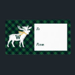 Grönt Buffalo Play Moose Monogram jul Fraktsedel<br><div class="desc">Fira den magiska och festliga julhelgen med vår anpassningsbar märkre för julklapp. Vårt helgdag i trendiget har vår djärva grönt lumberjack i stil, som har en stiliserad vintern med en faux guld scarf. Alla teckningar i den här grönten i lumberjack i stil är en märkre med juldekaler som är handritad...</div>