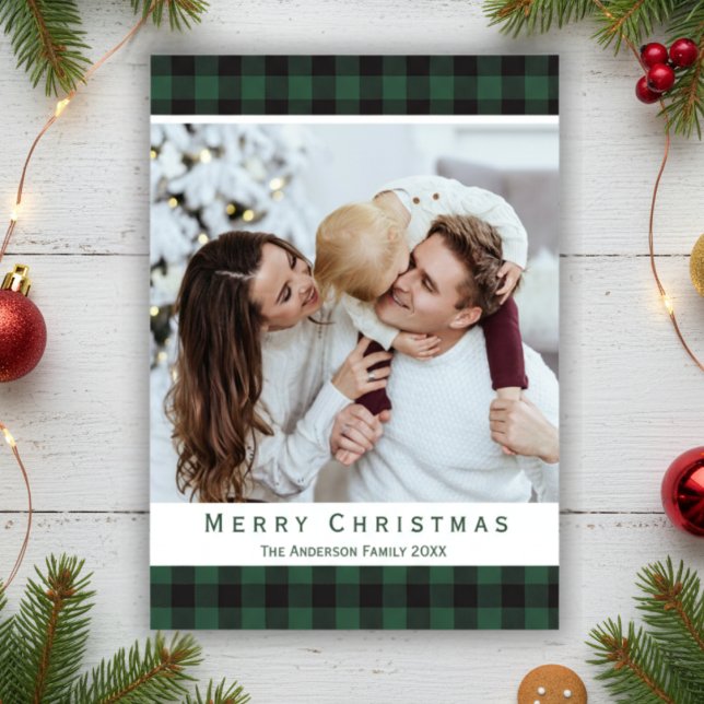 Grönt Buffalo Play Rustic God jul Photo Julkort (Green Buffalo Plaid Rustic Merry Christmas Photo Holiday Card)
