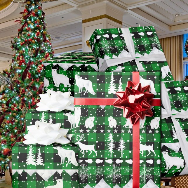 Grönt Buffalo Play Winter Animals Presentpapper (Nordic Sweater Green Black Buffalo Plaid White Winter Animals Christmas Holiday Wrapping Paper Rolls)