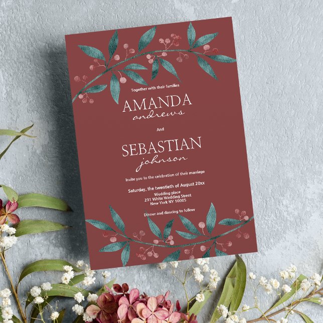 Grönt burgundbär blommigt Bröllop Inbjudningar (Forest green burgundy berries floral Wedding )