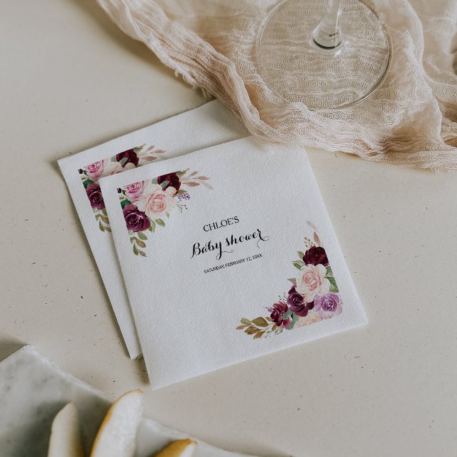 Grönt  Burgundy Blommigt Baby Shower Pappersservett (Skapare uppladdad)