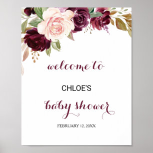 Grönt  Burgundy Blommigt Baby Shower Välkommen Poster