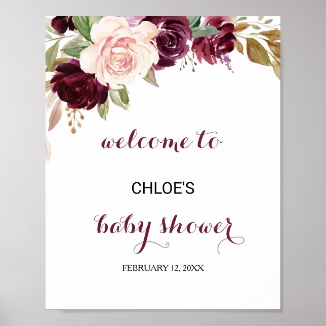 Grönt  Burgundy Blommigt Baby Shower Välkommen Poster (Framsidan)