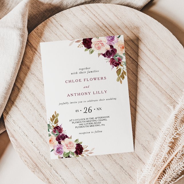 Grönt  Burgundy Blommigt Bröllop Inbjudningar (Skapare uppladdad)