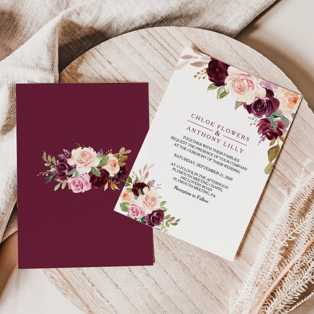 Grönt  Burgundy Blommigt Bröllop Inbjudningar (Skapare uppladdad)