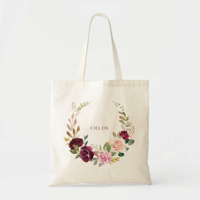 Grönt  Burgundy Blommigt Tote Bag Tygkasse (Framsidan)