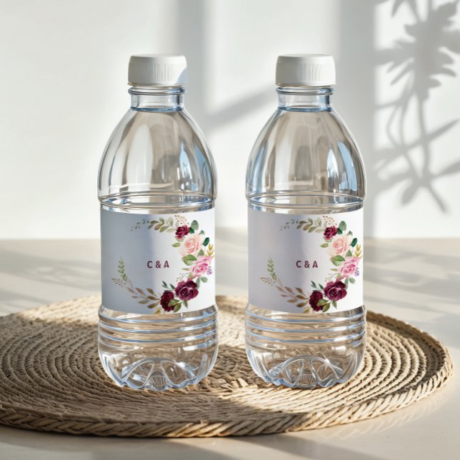 Grönt  Burgundy Blommigt Vattenflaska-etikett Vattenflaskor Etikett (Skapare uppladdad)