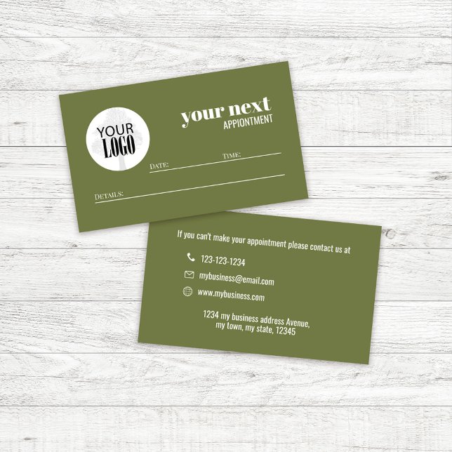 Grönt Business Logotyp - enkel minimalistisk Tidsbeställning Kort (Green business add your logo appointment card.)