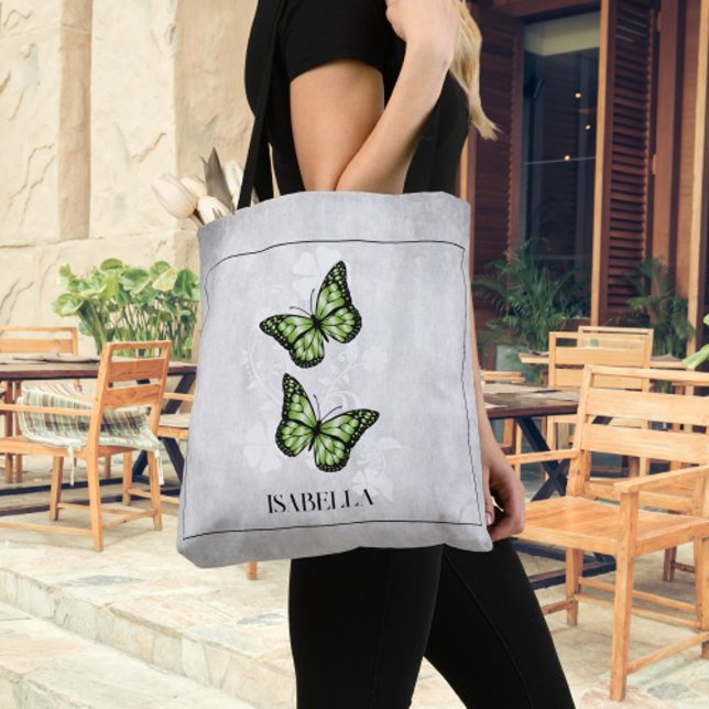 Grönt Butterfly Blommigt Personlig Tote Bag Tygkasse (Green Butterfly Floral Personalized Tote Bag)