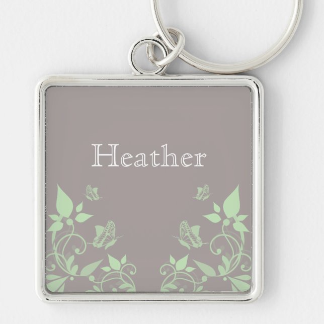 Grönt Butterfly Blommigt Premium Keychain Fyrkantig Silverfärgad Nyckelring (Framsidan)