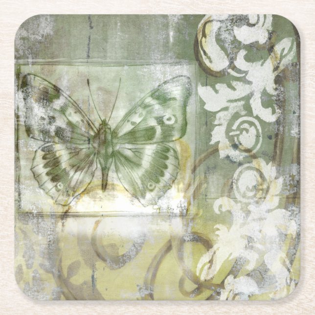 Grönt Butterfly Inset med Ironwork Grind Underlägg Papper Kvadrat (Framsidan)