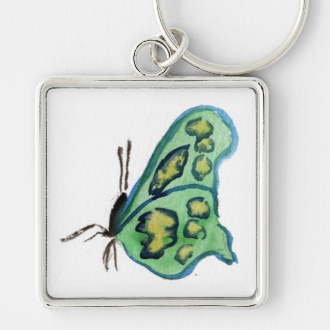 Grönt Butterfly Keychain Pendant Fyrkantig Silverfärgad Nyckelring (Framsidan)