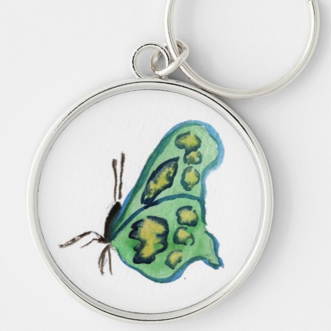 Grönt Butterfly Keychain Pendant Rund Silverfärgad Nyckelring (Framsidan)