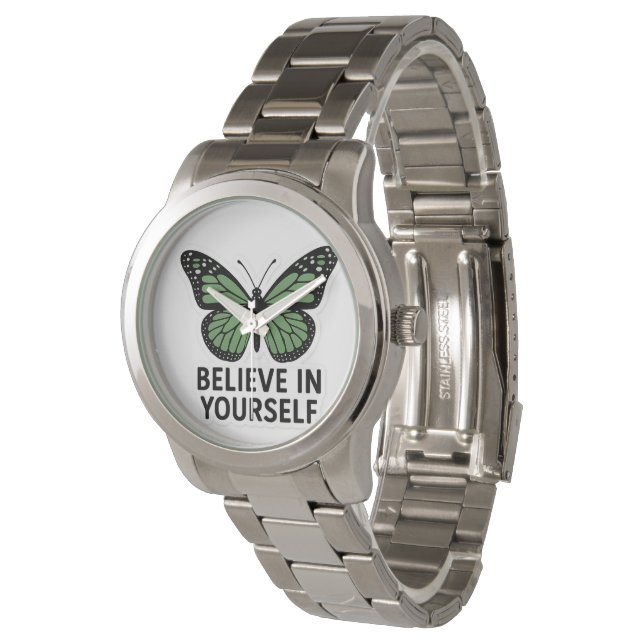 Grönt Butterfly Motivation-etikett Armbandsur (Vinklad)