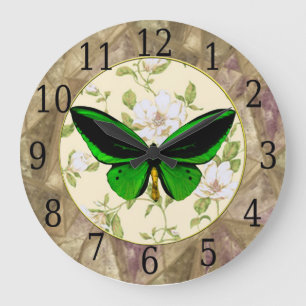 Grönt Butterfly och Dogwood Flowers Clock Stor Klocka