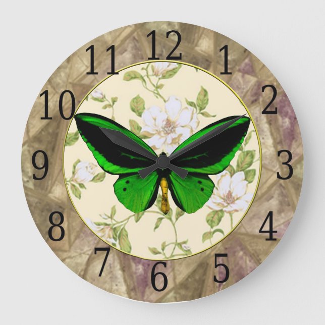 Grönt Butterfly och Dogwood Flowers Clock Stor Klocka (Framsida)